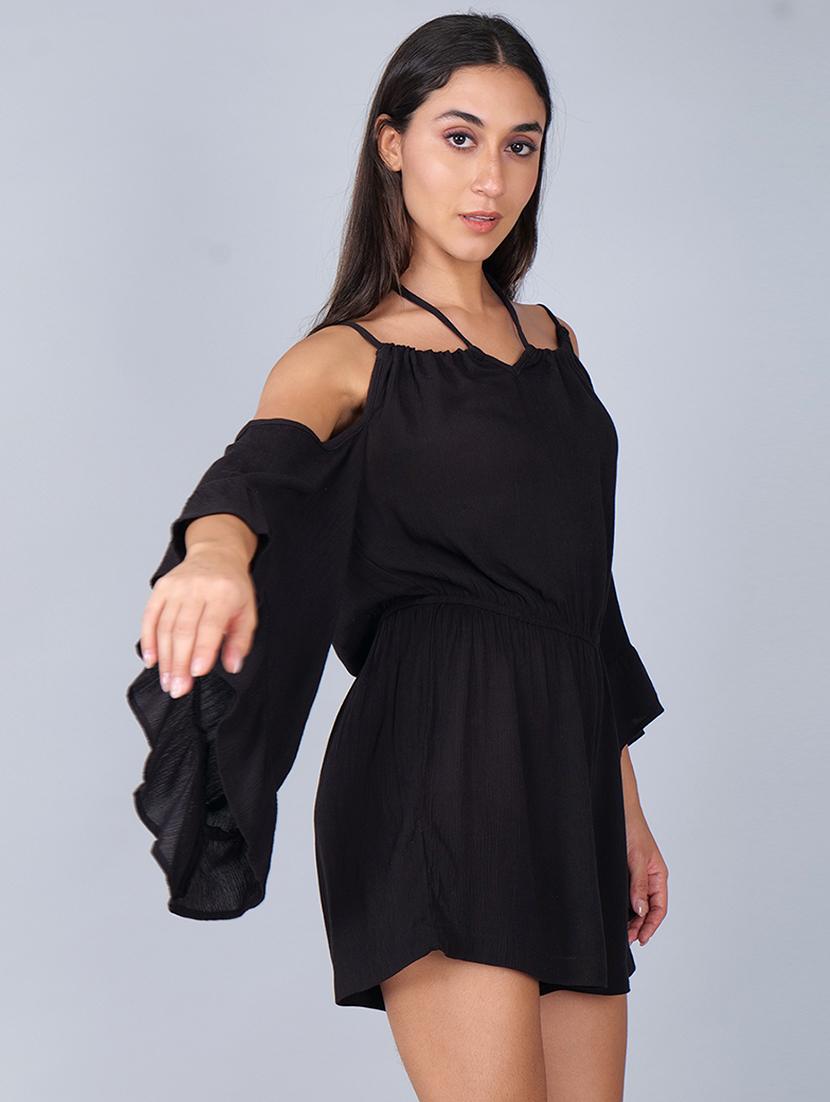 women solid cold shoulder bell sleeves romper - 21693284 - Standard Image - 2