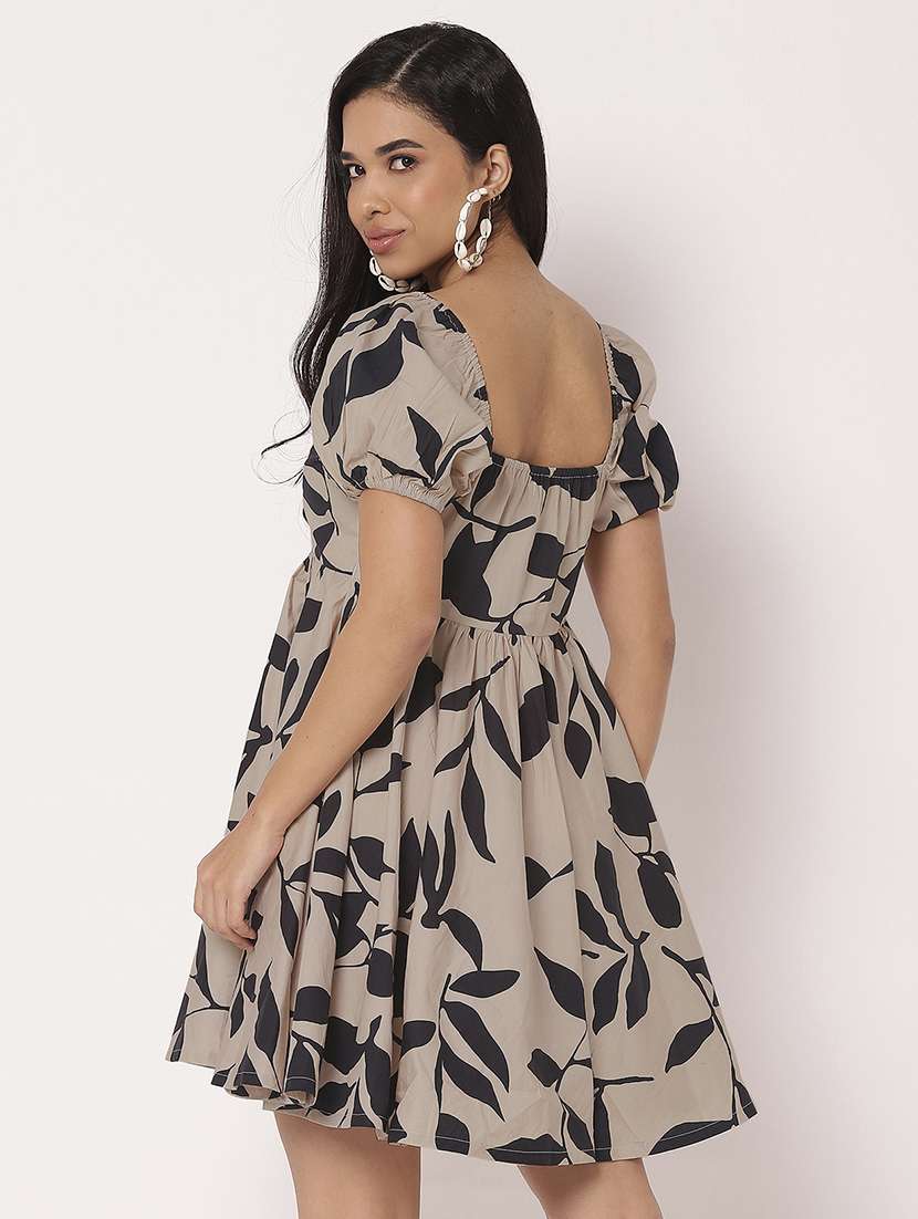 women printed puff sleeves fit & flare dress - 21693290 - Standard Image - 2