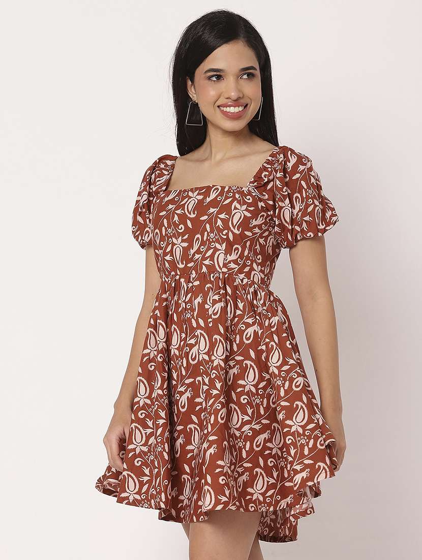 women printed puff sleeves fit & flare dress - 21693291 - Zoom Image - 0