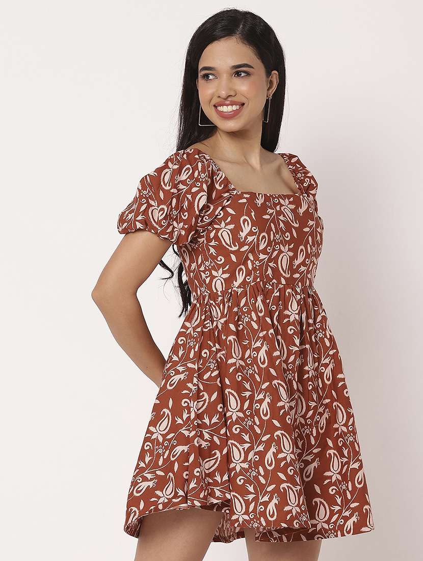 women printed puff sleeves fit & flare dress - 21693291 - Standard Image - 2