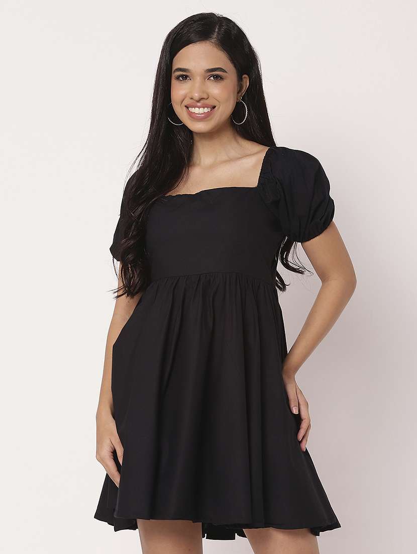 women solid puf sleeves fit & flare dress