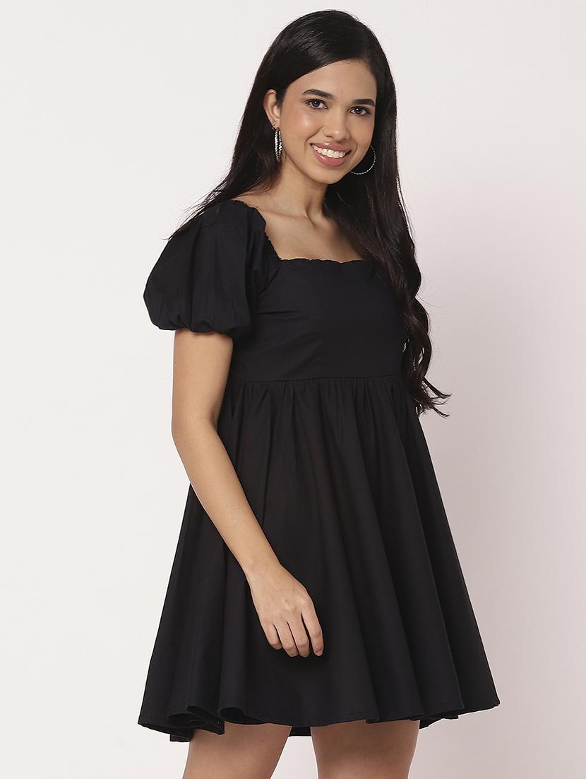 women solid puf sleeves fit & flare dress - 21693292 - Standard Image - 2
