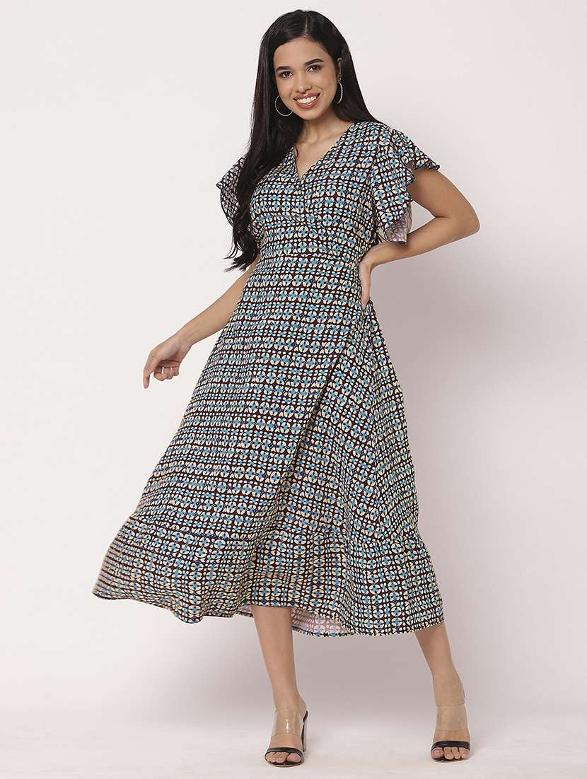 women printed flute sleeves tiered dress