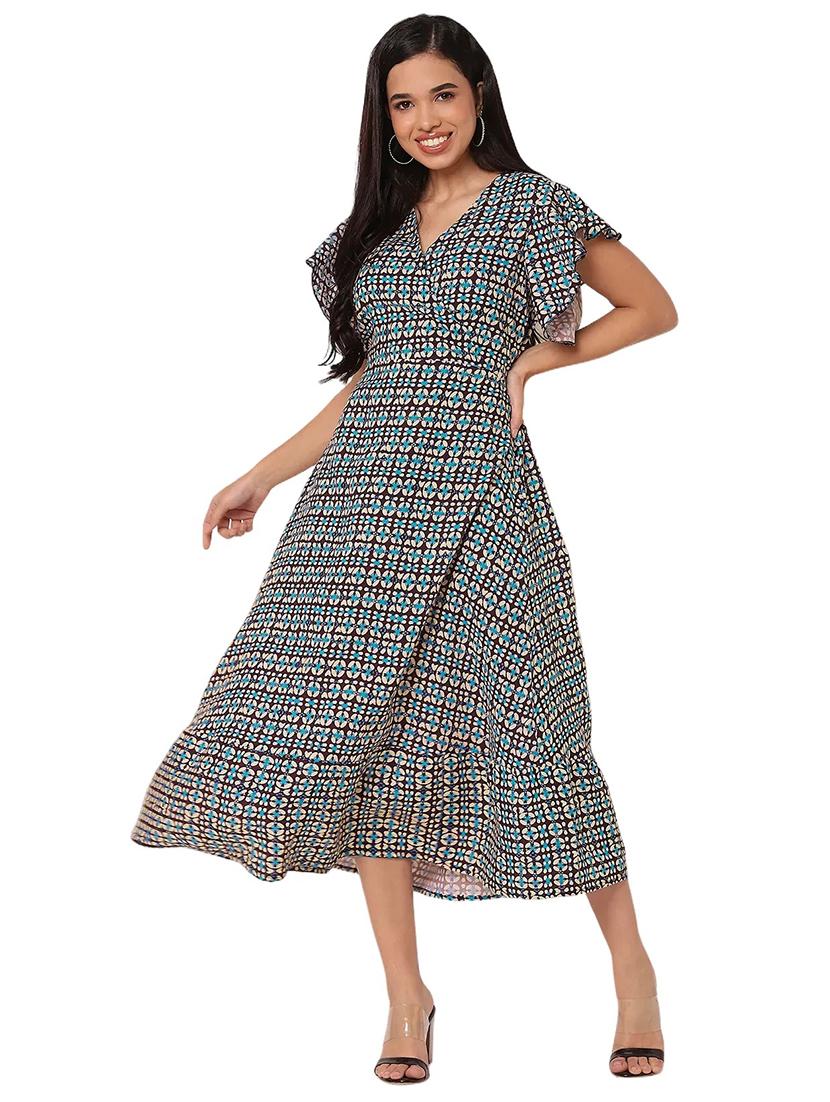 women printed flute sleeves tiered dress - 21693295 - Standard Image - 2