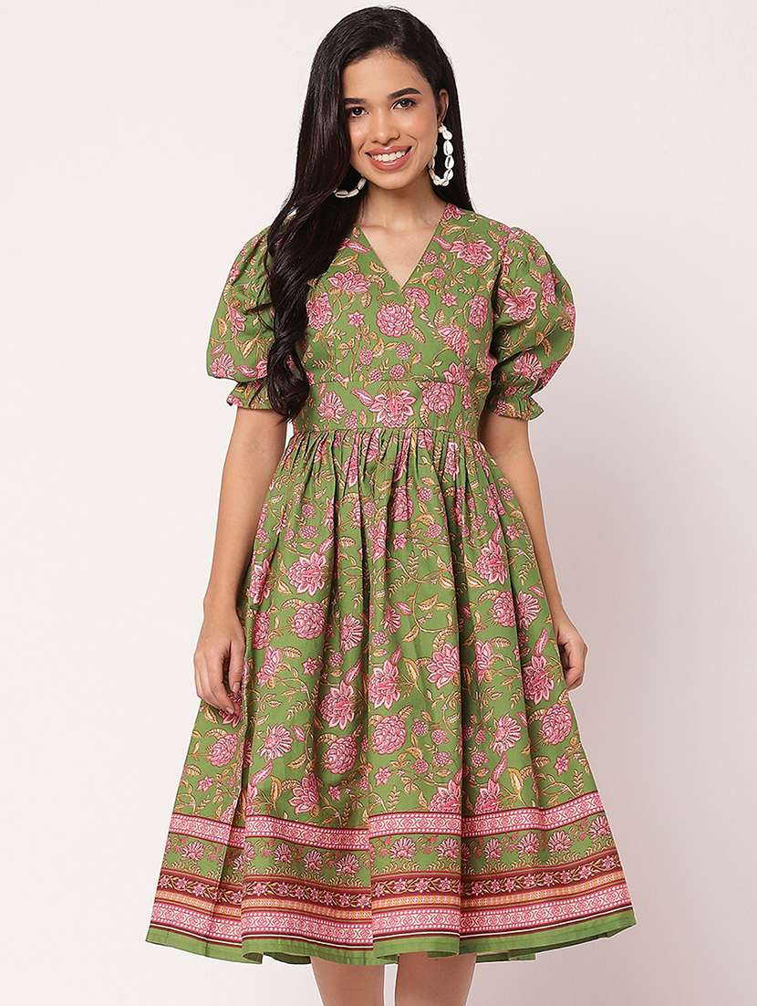 women printed puff sleeves fit & flare dress