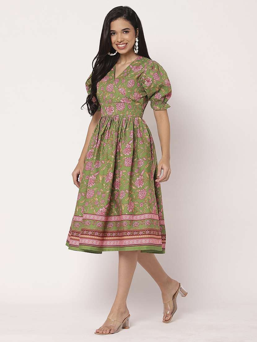 women printed puff sleeves fit & flare dress - 21693296 -  Standard Image - 2
