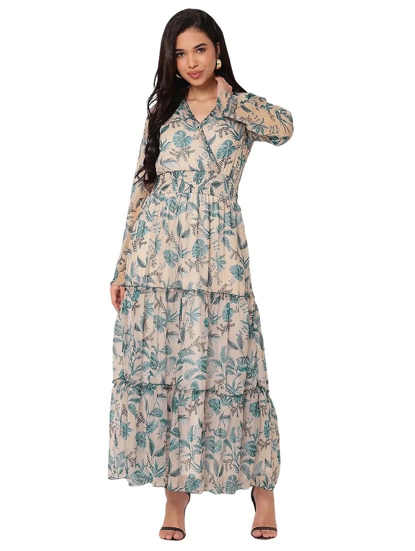 women printed long sleeves tiered dress - 21693298 - Standard Image - 2