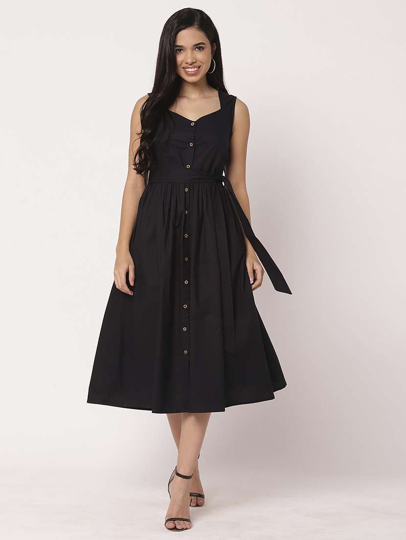 women solid sweetheart neck fit & flare dress
