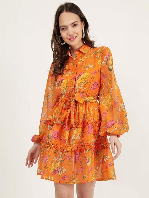women printed puff sleeves tiered dress - 21693307 - Standard Image - 0