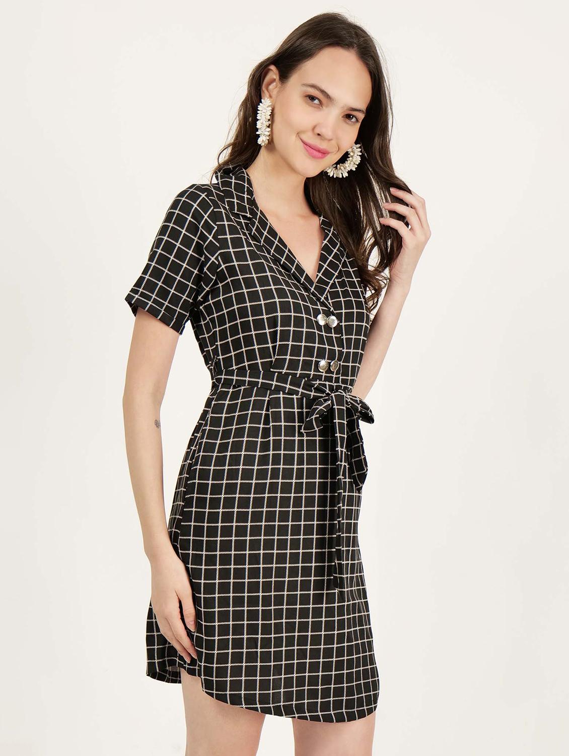 women checkered lapel collar a-line dress - 21693308 - Standard Image - 2