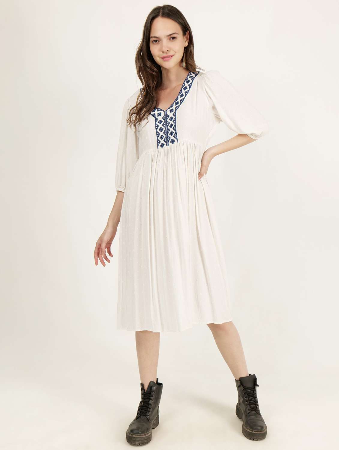 women v-neck embroidered fit & flare dress