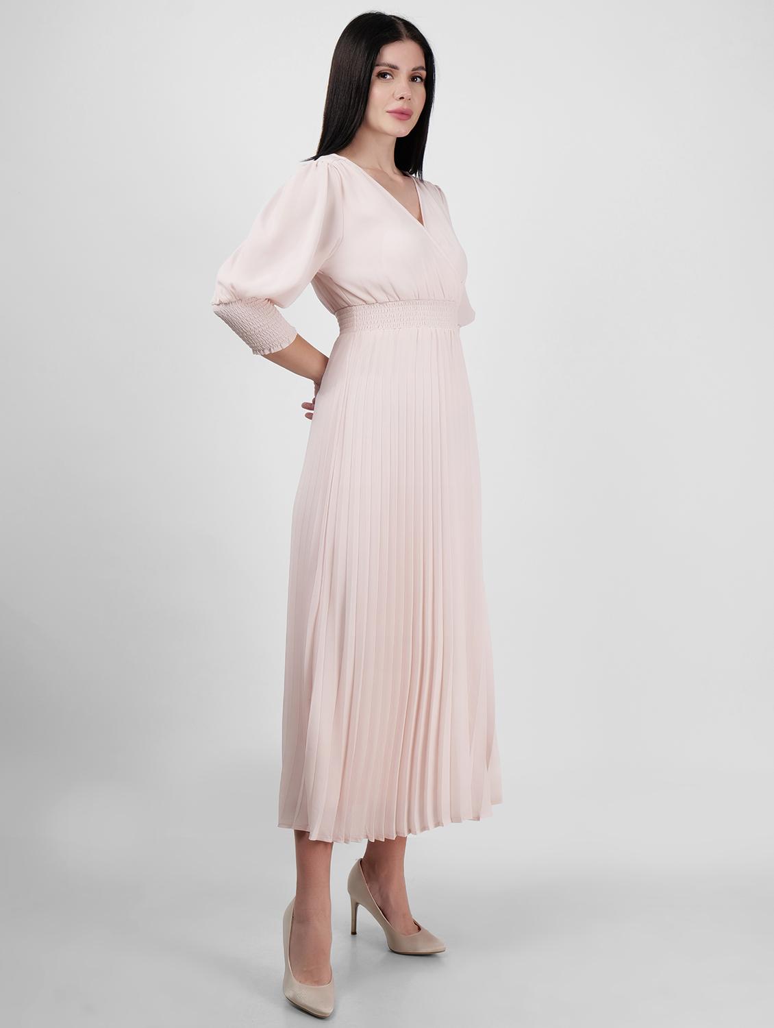 women overlap neck solid fit & flare dress - 21693329 - Standard Image - 2