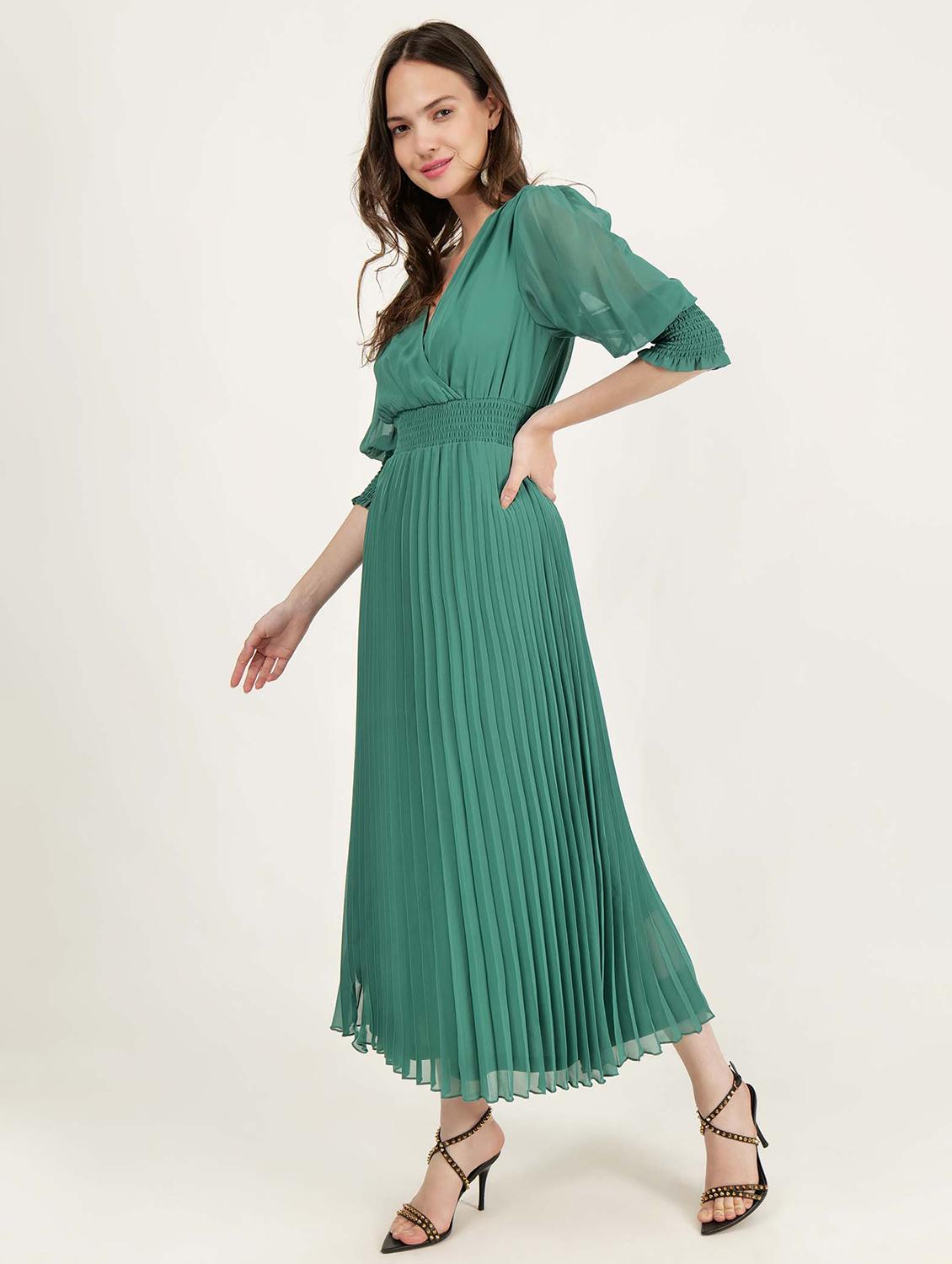 women overlap neck solid fit & flare dress - 21693332 - Standard Image - 2