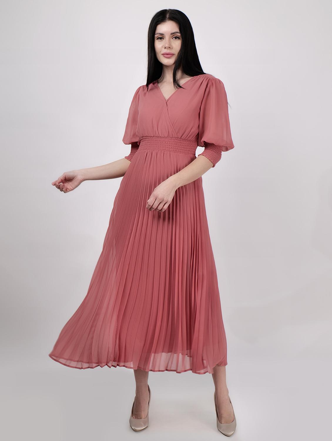 women overlap neck solid fit & flare dress - 21693333 - Zoom Image - 0