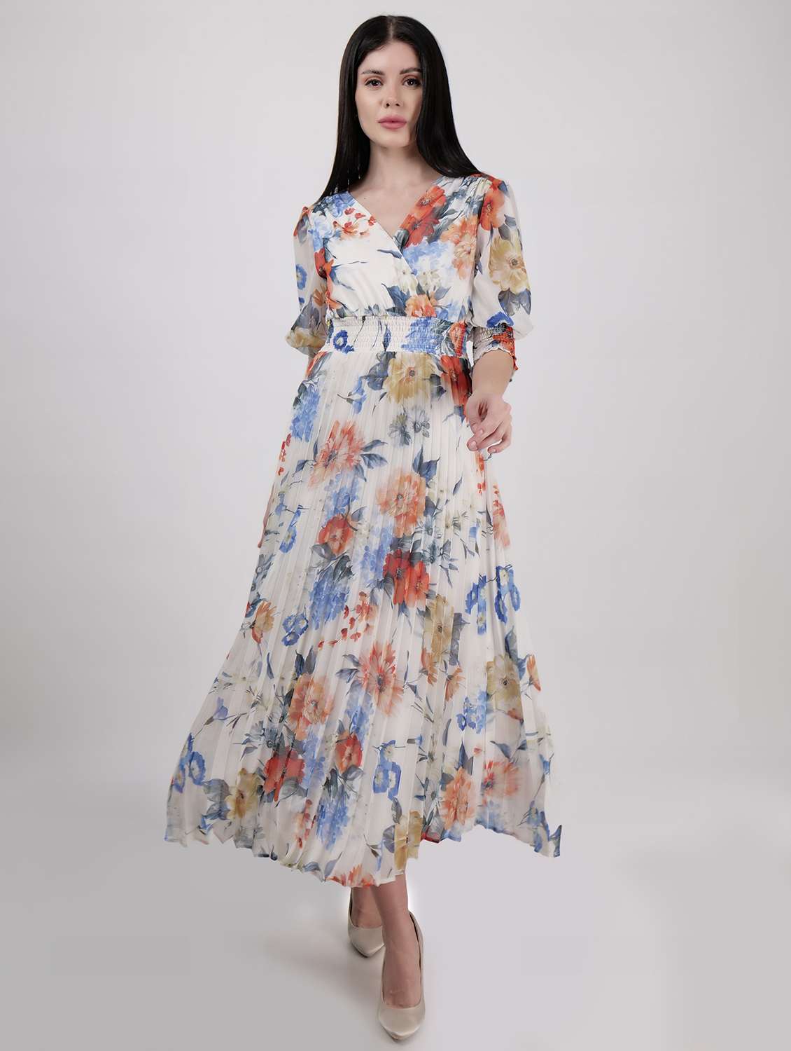 women overlap neck floral printed fit & flare dress