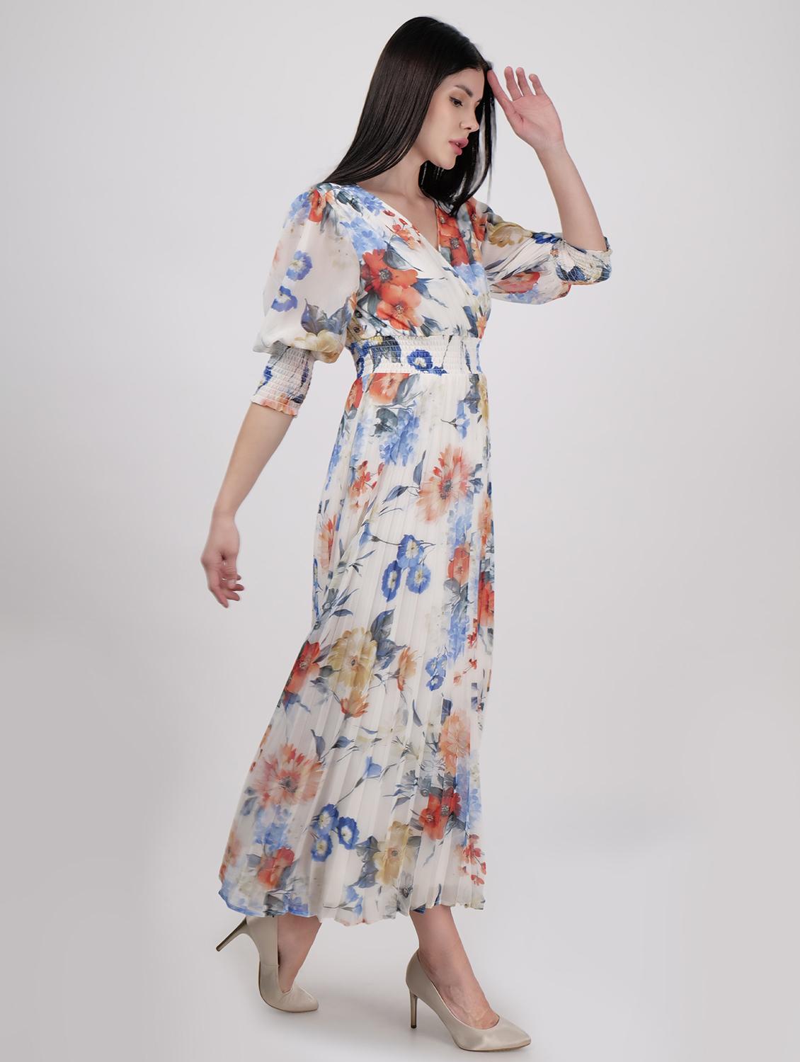 women overlap neck floral printed fit & flare dress - 21693334 - Standard Image - 2