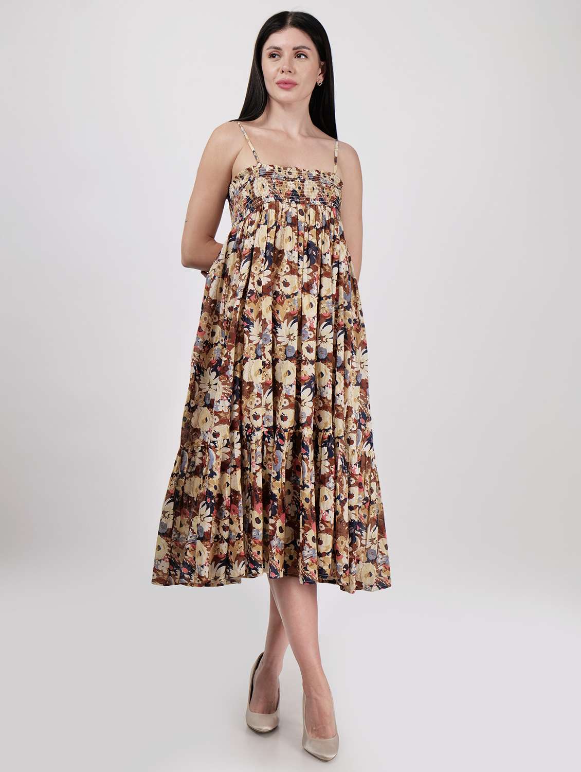 women shoulder strap floral printed tiered dress