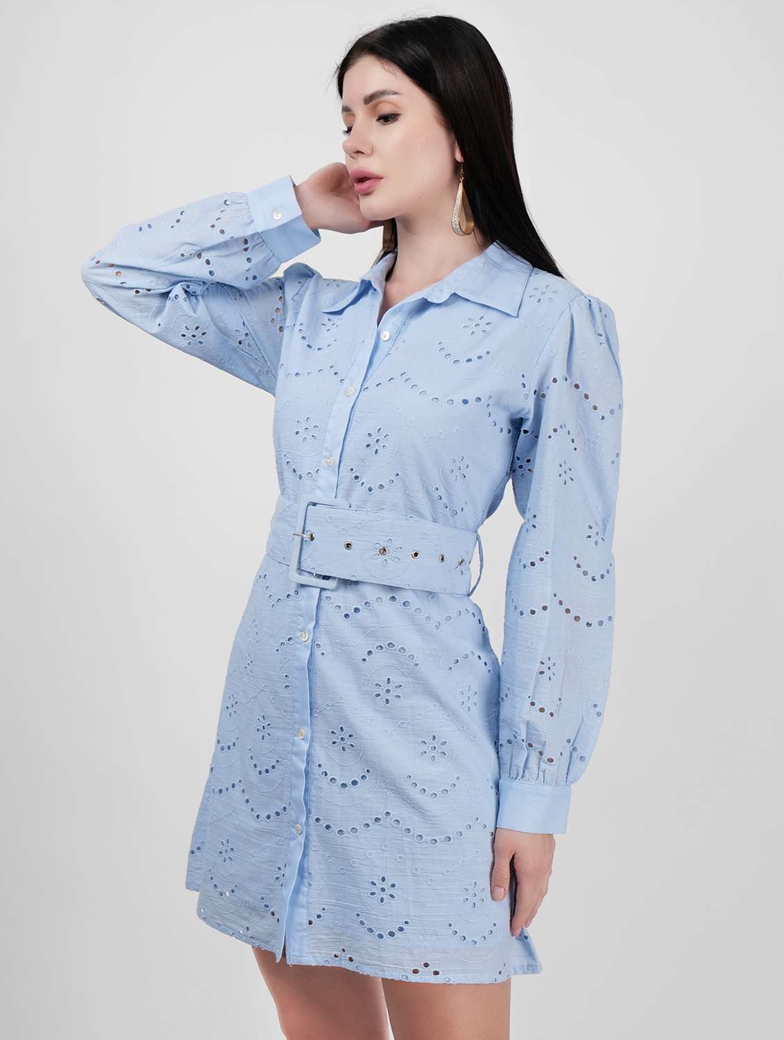 women shirt collar solid a-line dress - 21693336 - Standard Image - 2