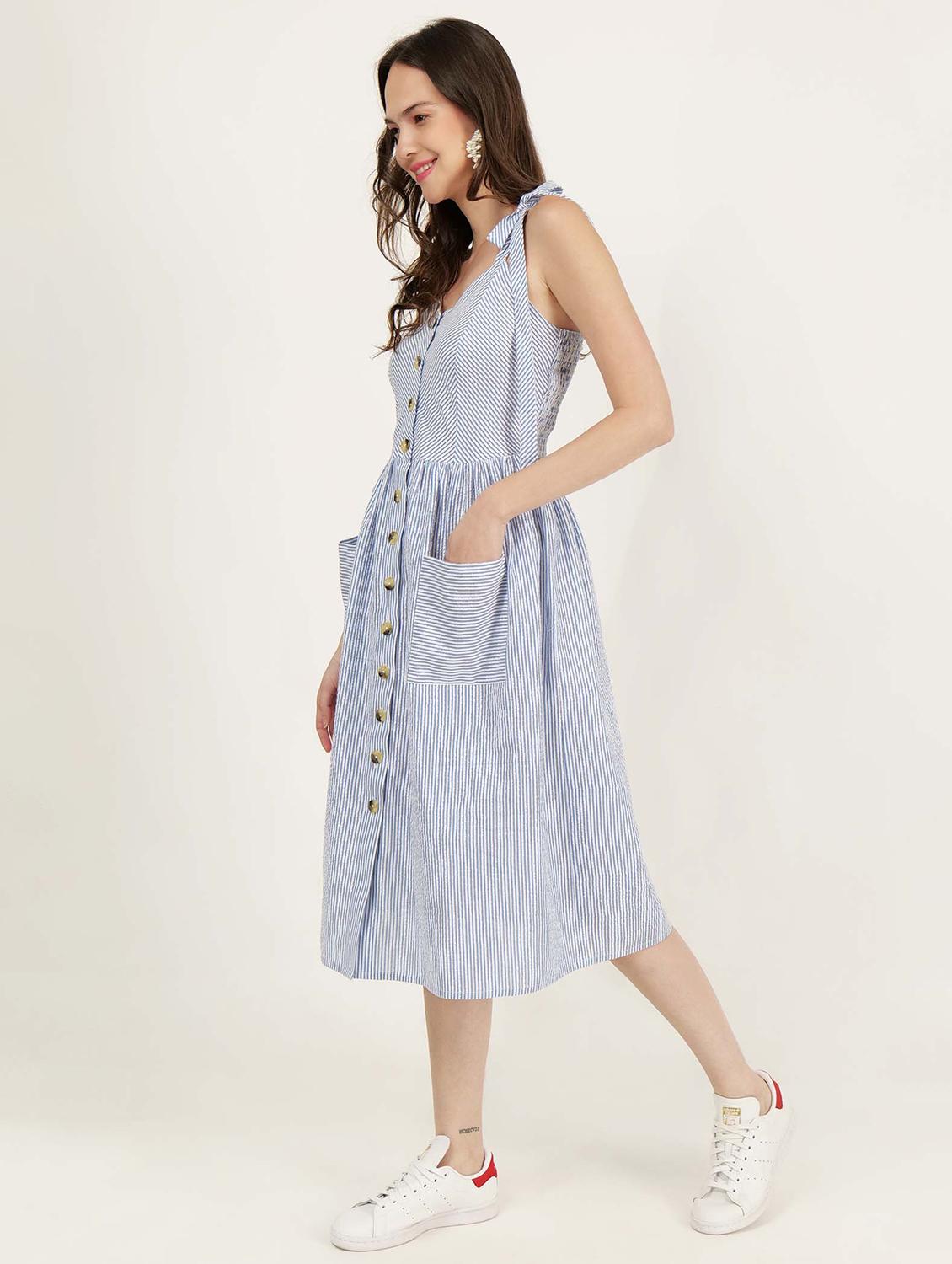 women tie up neck striped a-line dress - 21693350 - Standard Image - 2