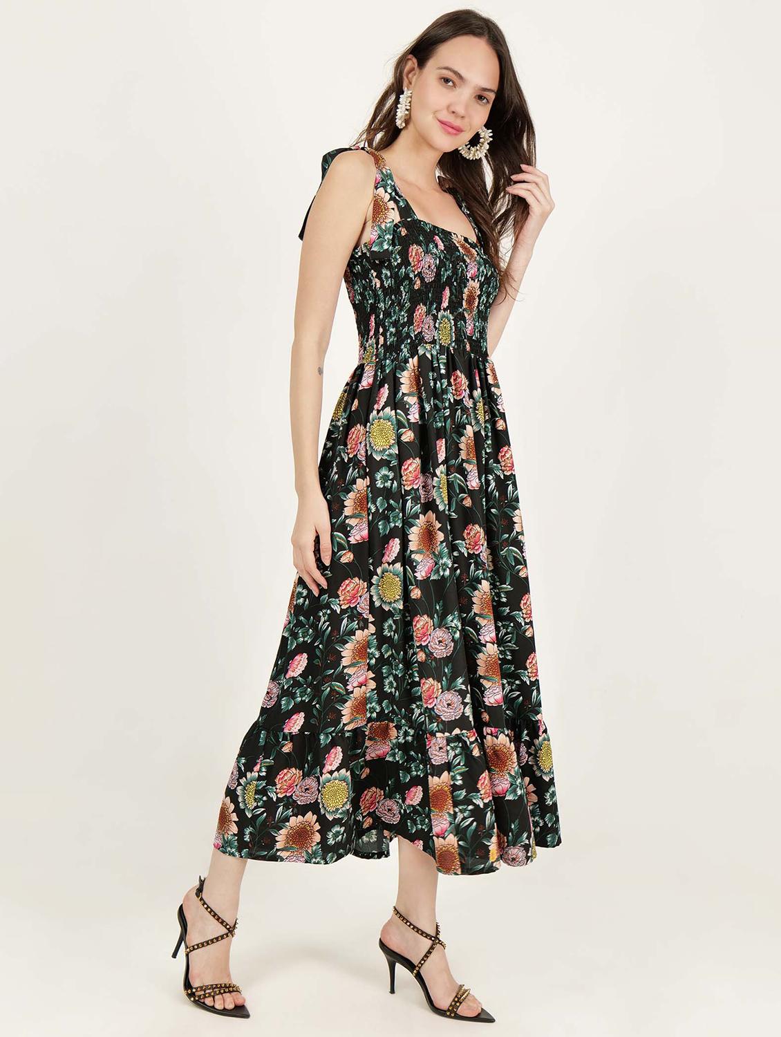 women tie up neck floral printed tiered dress - 21693356 - Standard Image - 2