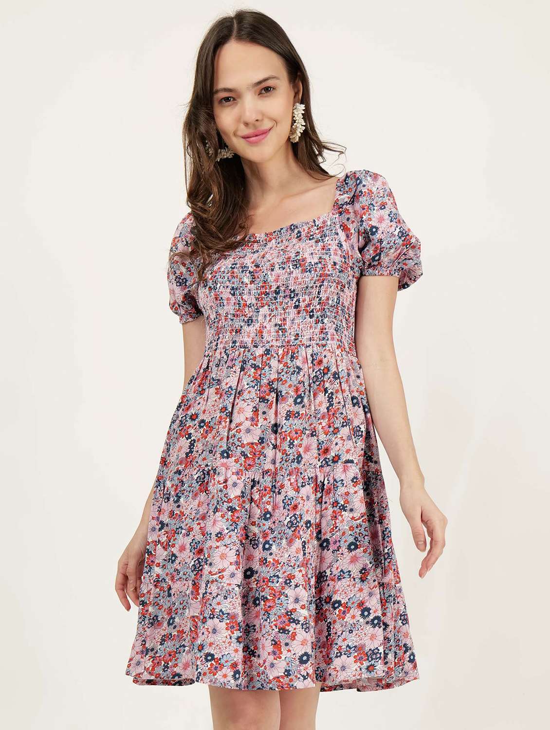 women square neck floral printed tiered dress