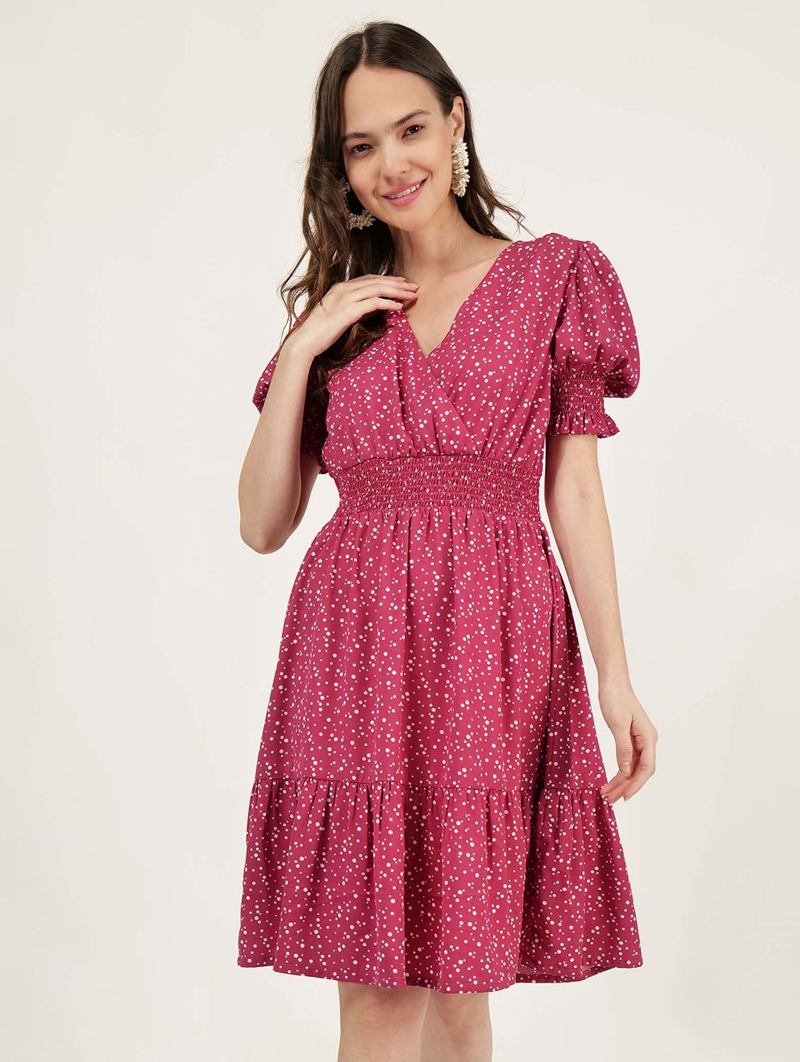 women overlap neck polka dots tiered dress - 21693362 - Zoom Image - 0