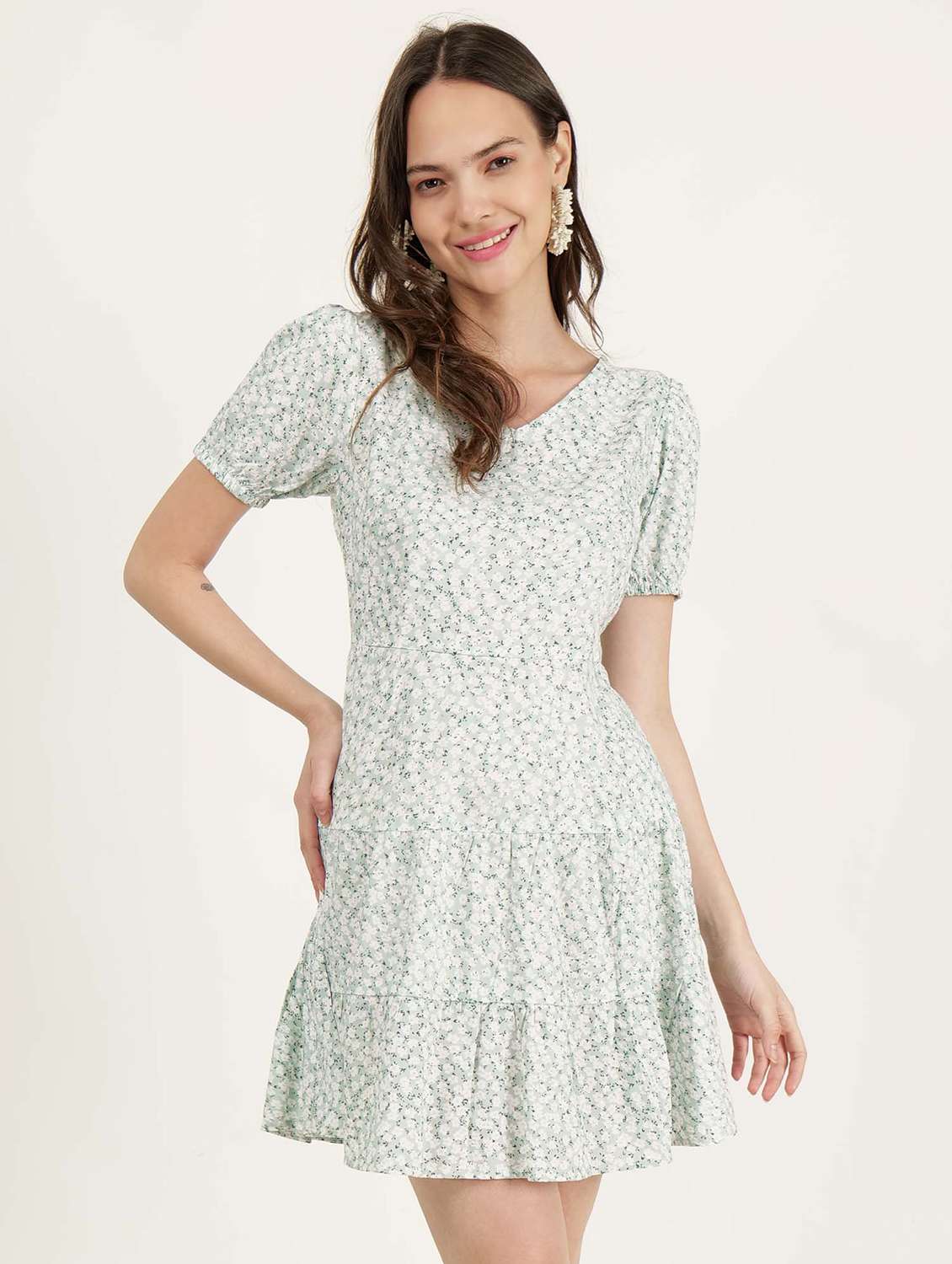 women v-neck floral printed tiered dress