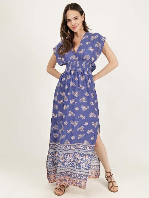 women v-neck printed high slit dress - 21693366 -  Standard Image - 0