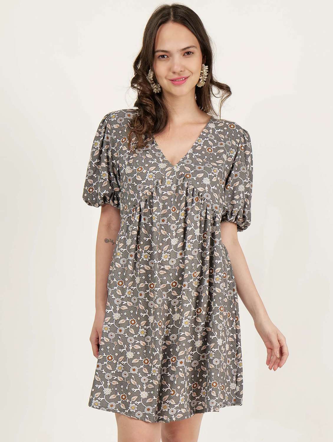 women floral printed v neck a-line dress - 21693371 -  Zoom Image - 0