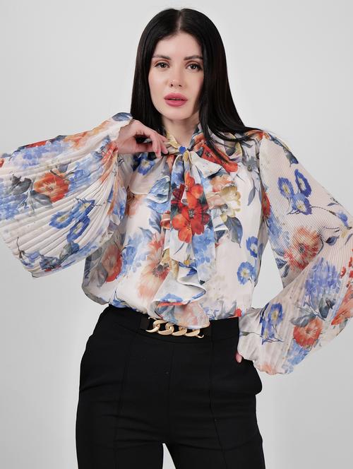 women florals printed tie-up neck top - 21693388 -  Standard Image - 0