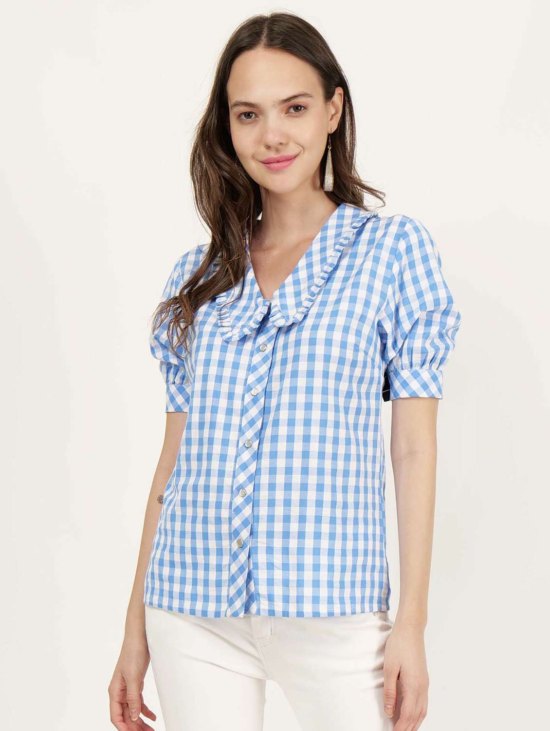 women cheks printed puff sleeve shirt top