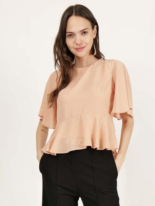 women peach solid round neck top - 21693397 - Standard Image - 0