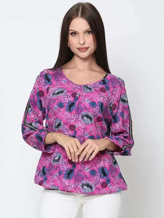 women pink tropical printed round neck top