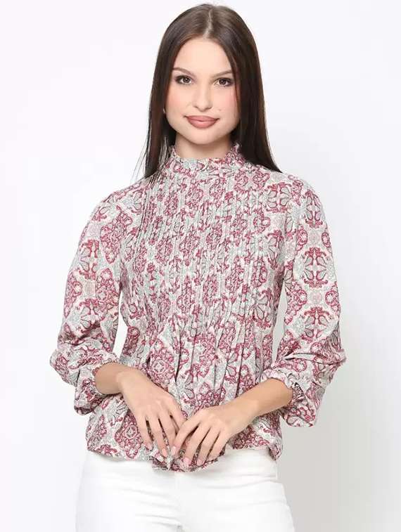 women paisley printed puff sleeve top