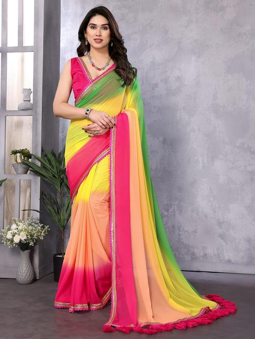 women multi color ombre lace work saree with blouse - 21693477 - Standard Image - 0