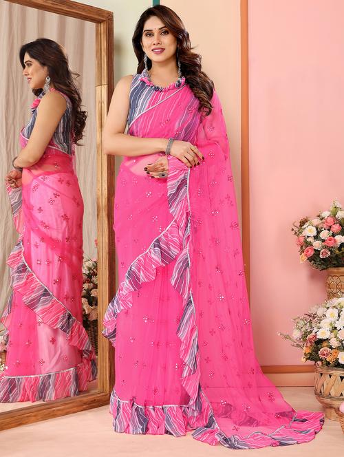 women pink mirror work ruffle saree with blouse - 21693495 - Standard Image - 0