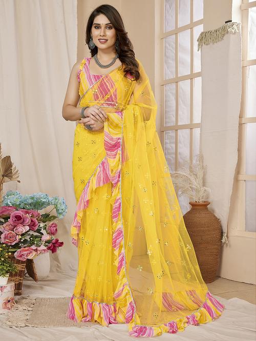 women yellow mirror work ruffle saree with blouse - 21693496 -  Standard Image - 0