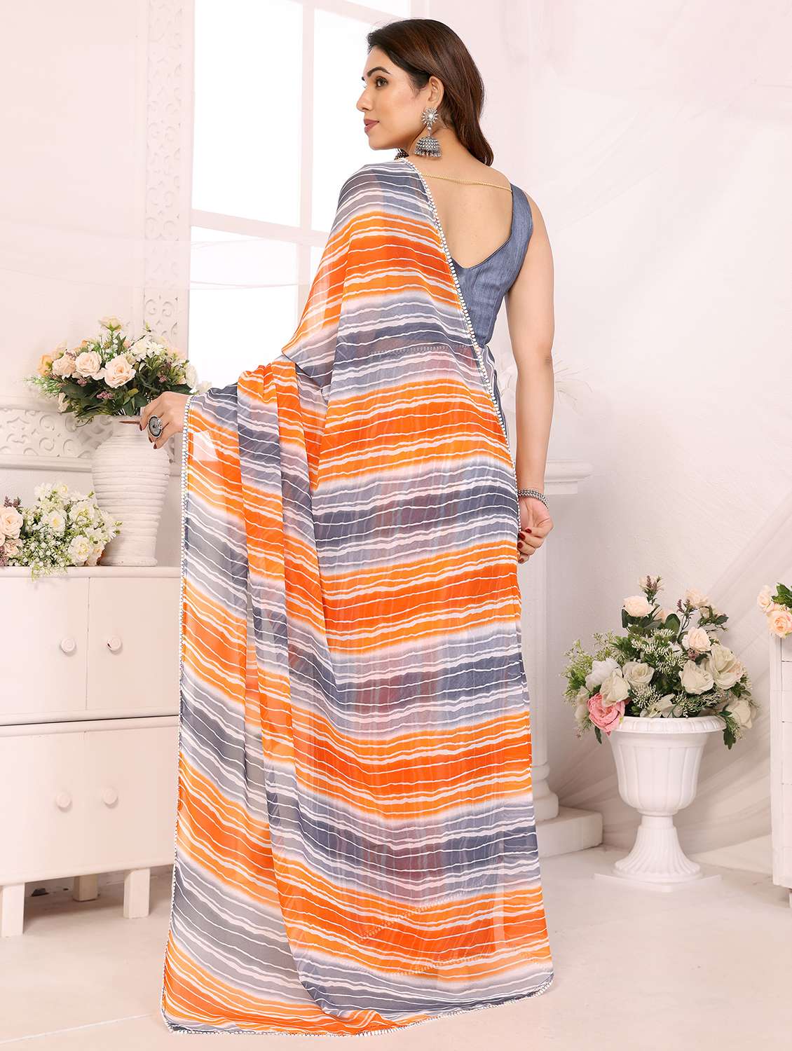 women striped ready to wear saree with blouse - 21693503 -  Standard Image - 2