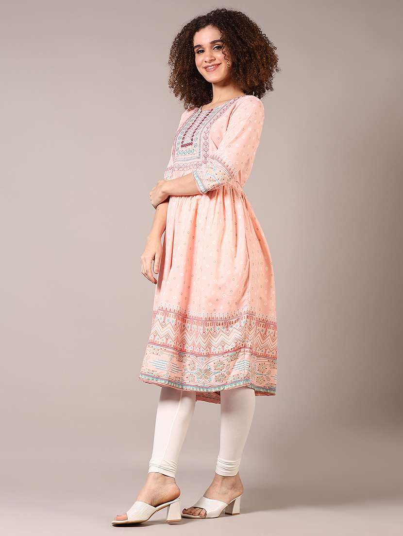 women three quarter sleeve flared kurta - 21693677 -  Standard Image - 2