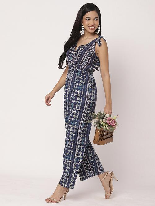 women printed v neck full leg jumpsuit - 21693976 - Standard Image - 0
