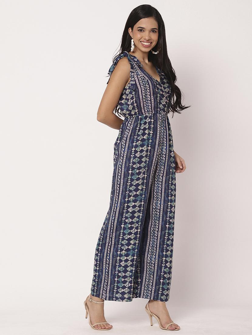 women printed v neck full leg jumpsuit - 21693976 - Standard Image - 2