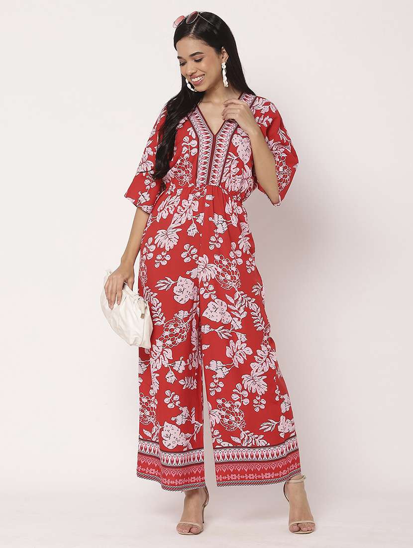 women printed v neck full leg jumpsuit