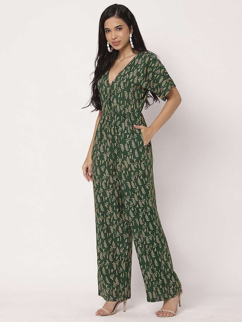 women green printed v neck full leg jumpsuit - 21693980 -  Standard Image - 2