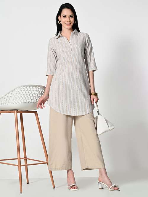 women stripes three quarter sleeve a-line kurti - 21693986 -  Standard Image - 0