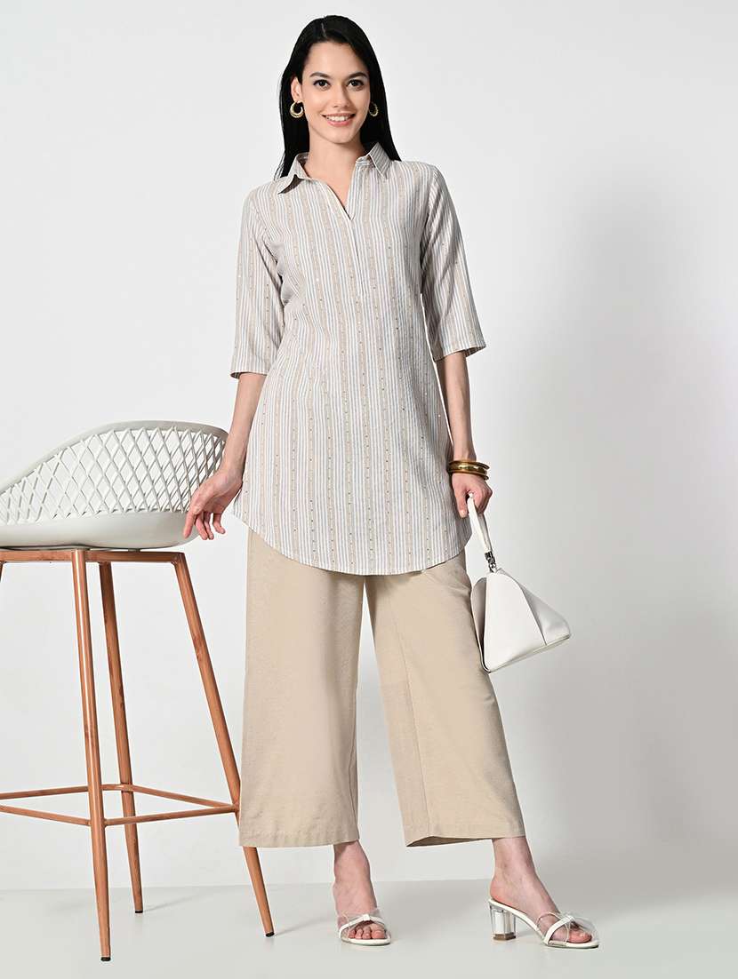 women stripes three quarter sleeve a-line kurti - 21693986 -  Zoom Image - 0