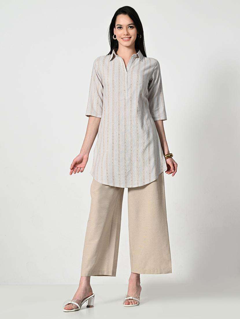 women stripes three quarter sleeve a-line kurti - 21693986 -  Standard Image - 2