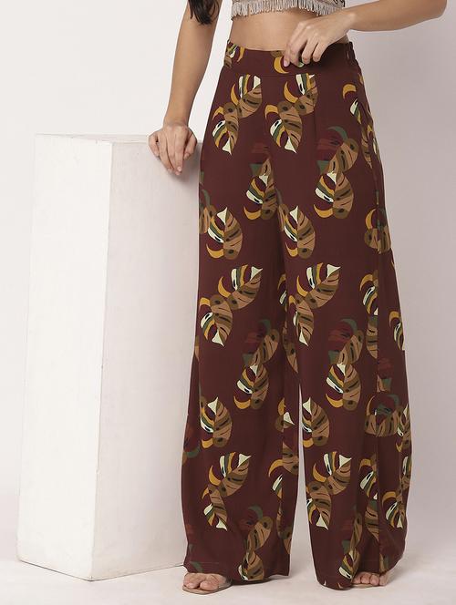 women brown printed full length palazzo - 21694011 - Standard Image - 0