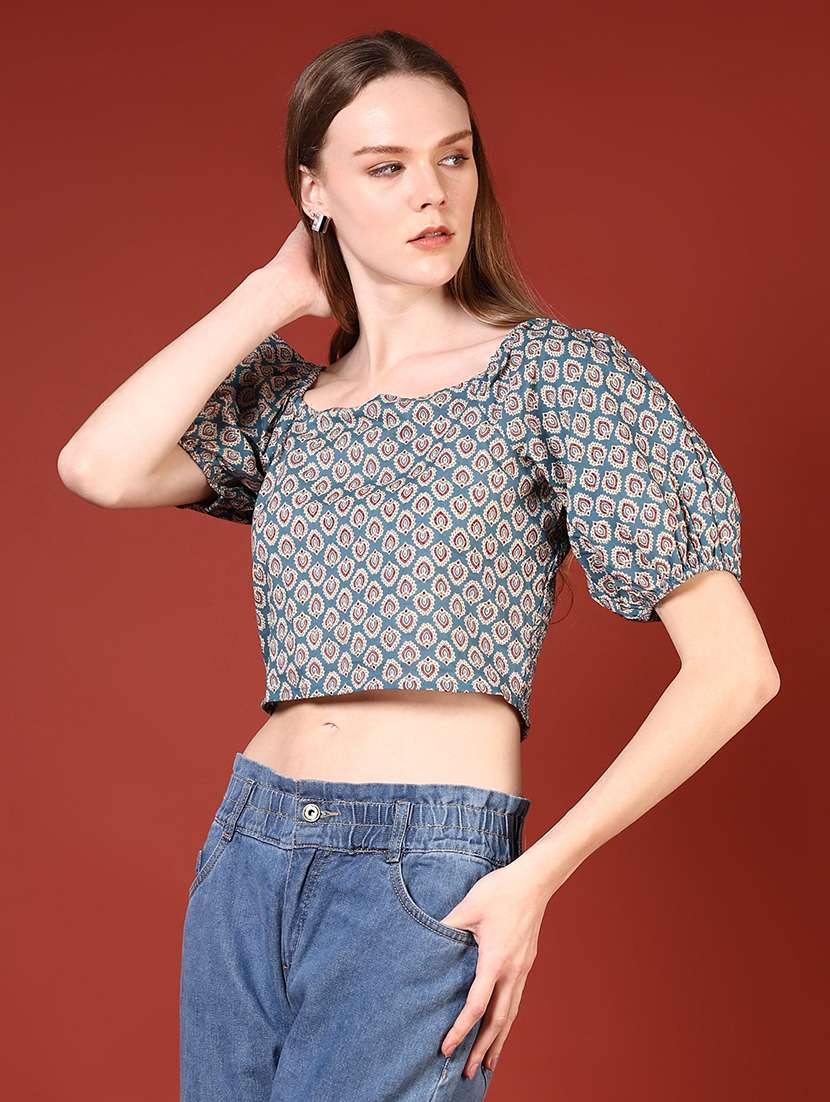 women printed puff sleeves crop top - 21694242 -  Standard Image - 2