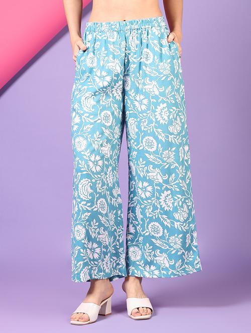 women blue floral printed mid rise palazzo - 21694290 -  Standard Image - 0