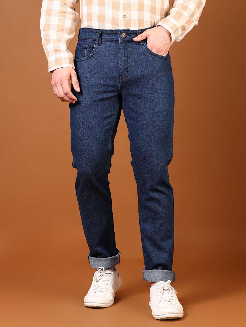men blue plain mid rise slim fit denim jean